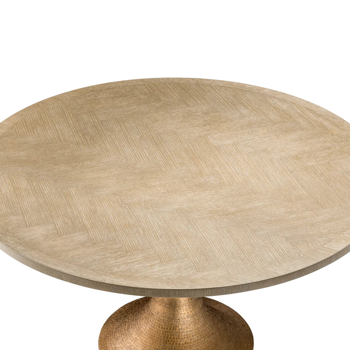 Mid-Century Herringbone Round Dining Table | Washed Oak & Brass