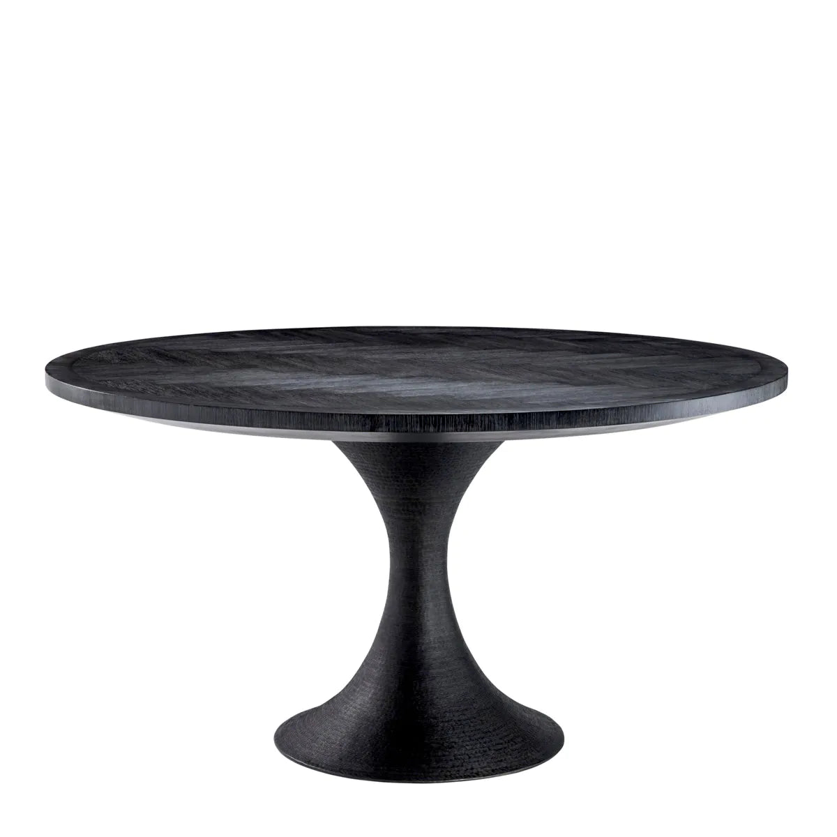 Mid-Century Herringbone Round Dining Table | Charcoal Oak & Bronze
