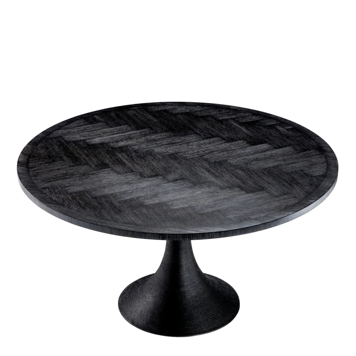 Mid-Century Herringbone Round Dining Table | Charcoal Oak & Bronze