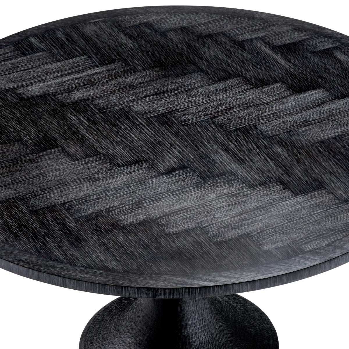 Mid-Century Herringbone Round Dining Table | Charcoal Oak & Bronze