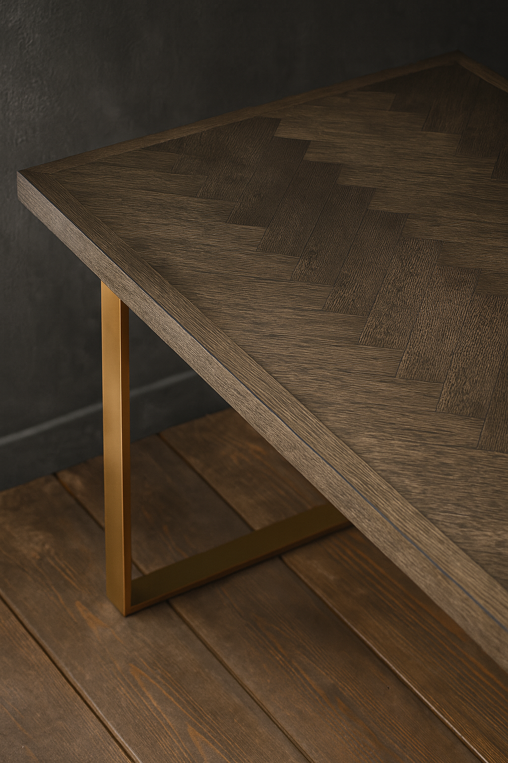 Mid-Century Herringbone Dining Table | Oak & Brass Base