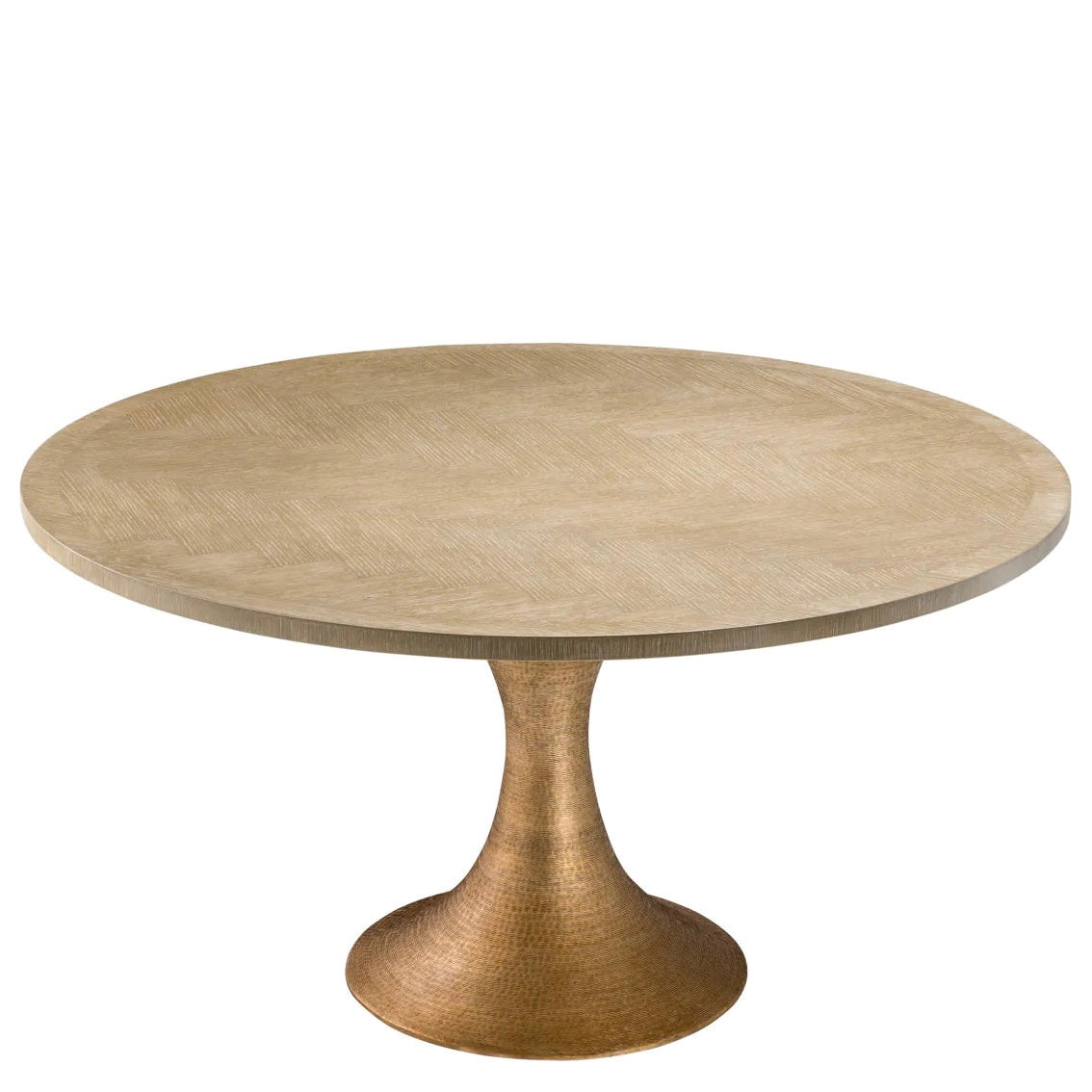 Mid-Century Herringbone Round Dining Table | Washed Oak & Brass