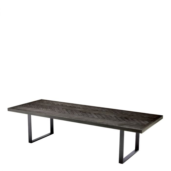 Mid-Century Herringbone Dining Table | Charcoal Oak & Bronze Base