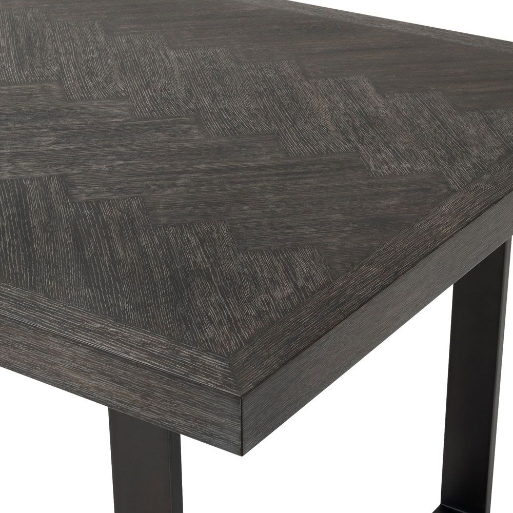 Mid-Century Herringbone Dining Table | Charcoal Oak & Bronze Base