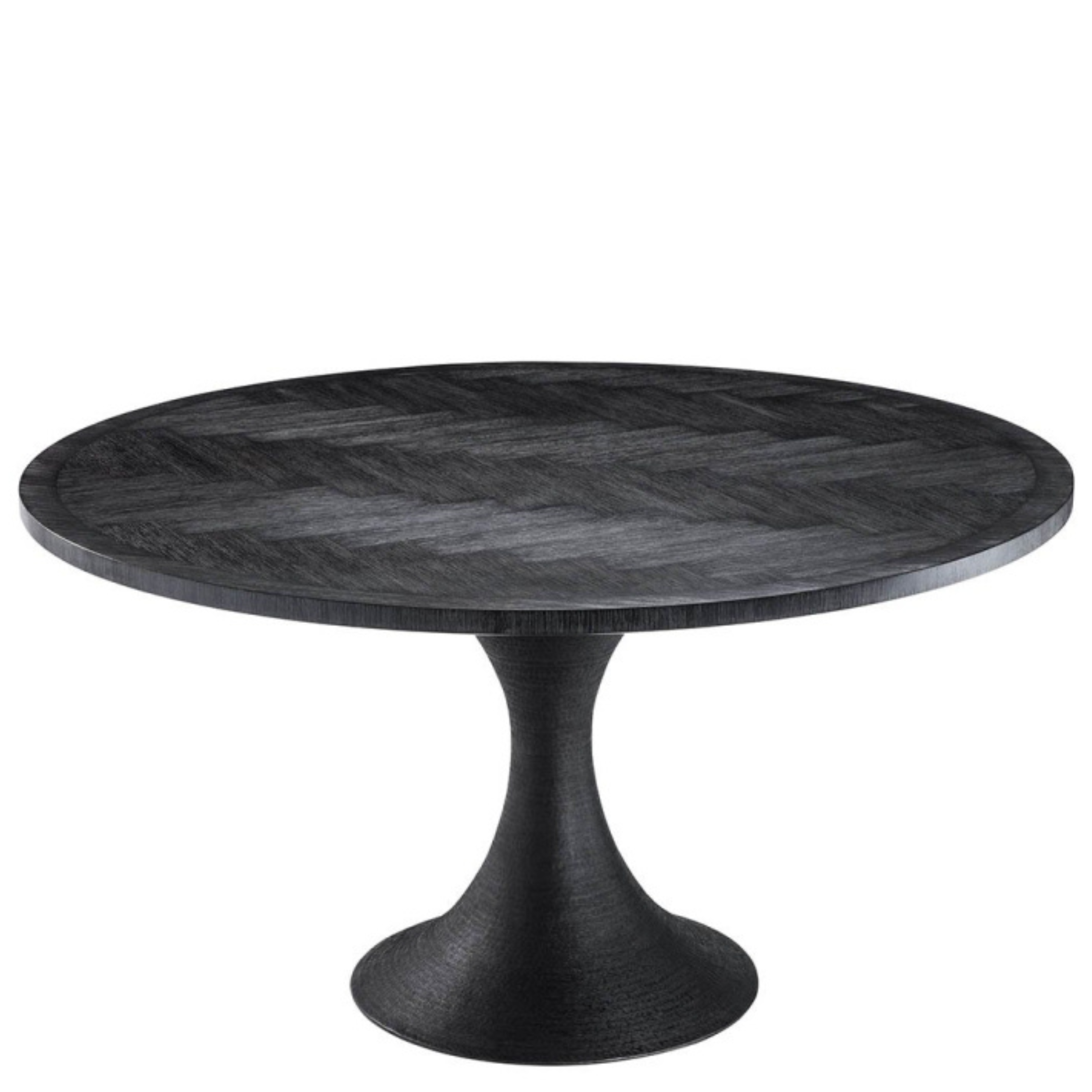 Mid-Century Herringbone Round Dining Table | Charcoal Oak & Bronze