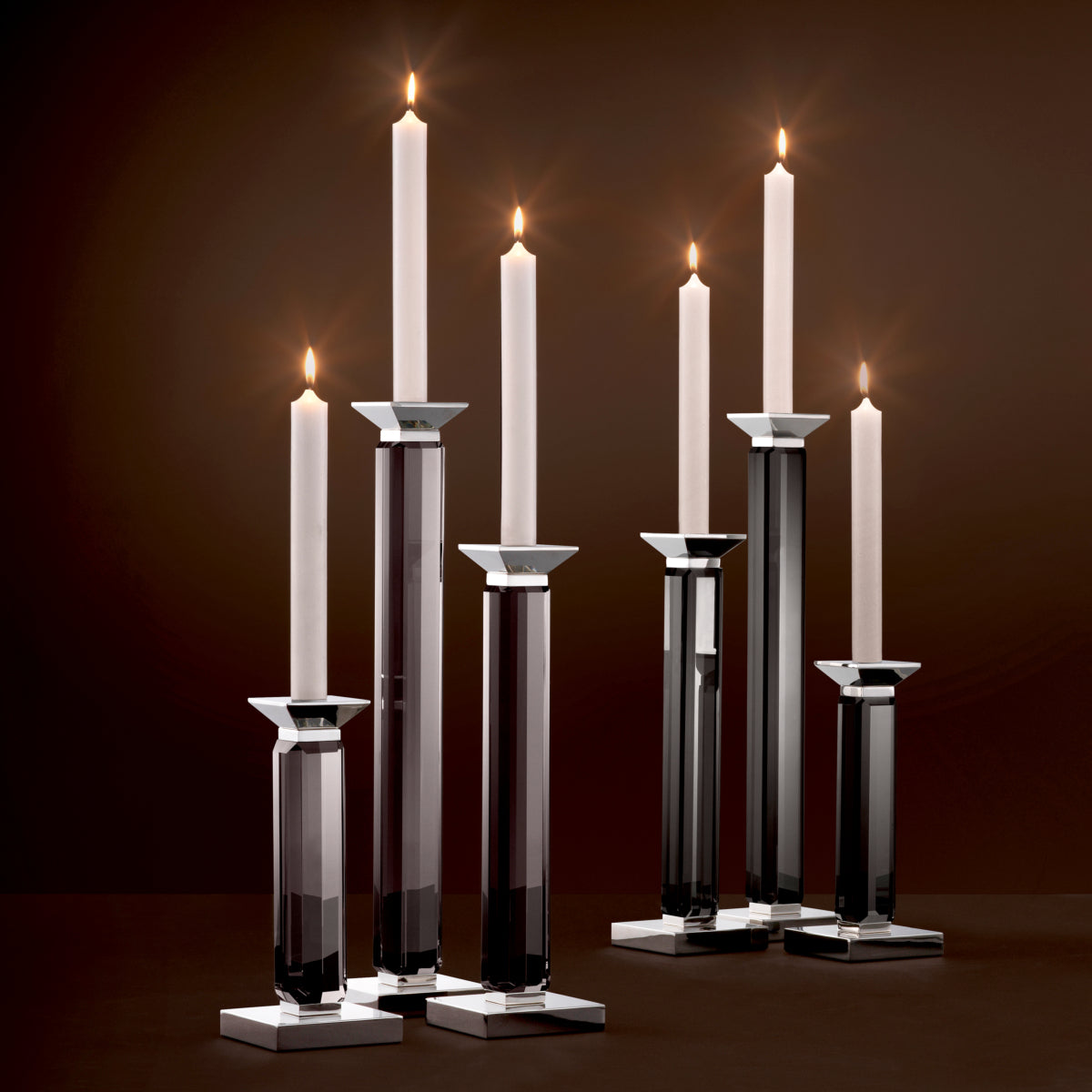 Livia Smoked Crystal Candle Holders | Set of 3