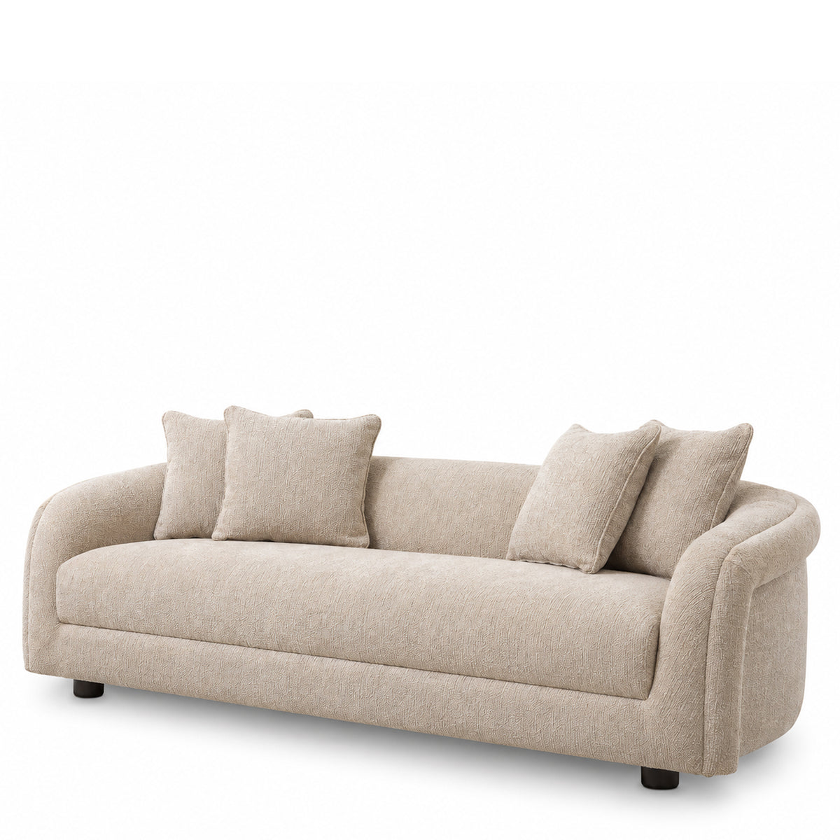 A luxurious Eichholtz Avenza curved 3-seater sofa fully upholstered in textured Greyfort light grey fabric, styled in a high-end Eichholtz Los Angeles showroom.