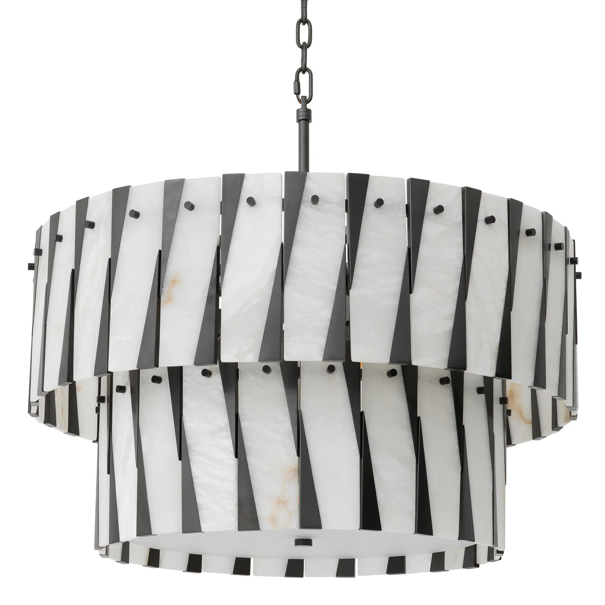 A luxurious Eichholtz Rivington Chandelier featuring alternating natural alabaster panels and a bronze highlight frame, showcased in a sophisticated dining room setting by Eichholtz Los Angeles.