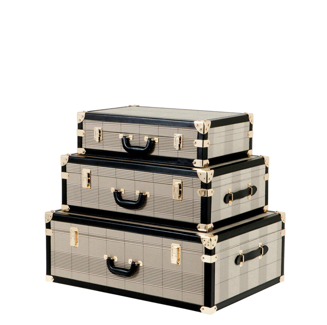 Plaid & Black Leather Steamer Trunks