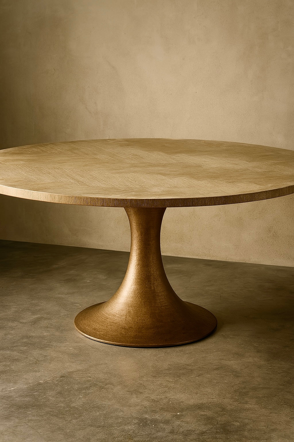 Mid-Century Herringbone Round Dining Table | Washed Oak & Brass