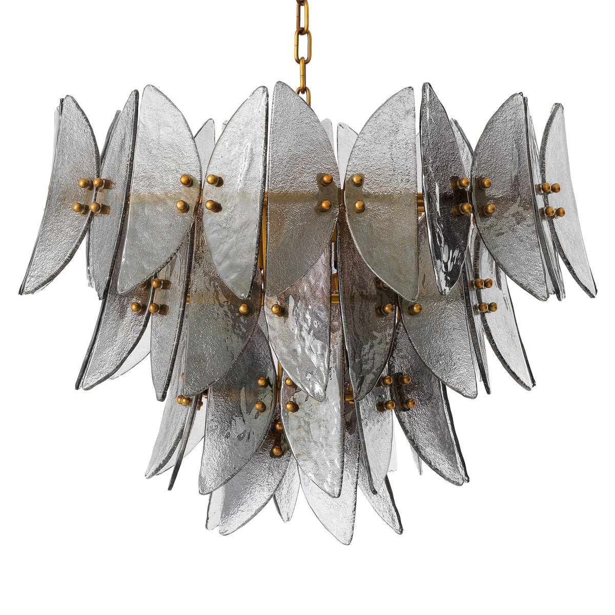 A luxurious Eichholtz Brooks Chandelier featuring cascading tiers of light smoke glass and an antique brass frame, showcased in a sophisticated dining room setting by Eichholtz Los Angeles.