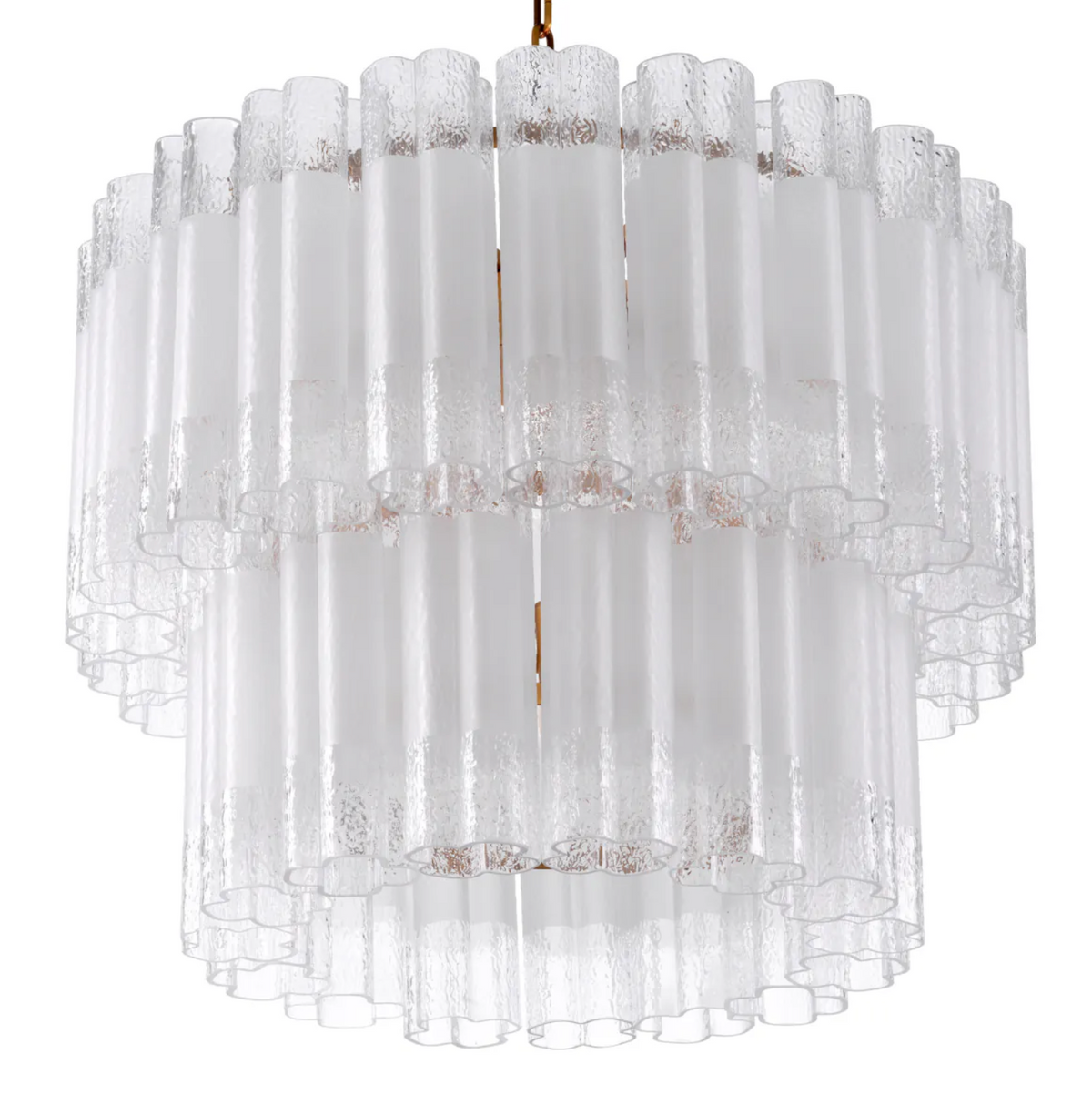 A luxurious Eichholtz Denton S Chandelier featuring cascading tiers of frosted and clear recycled glass set within an antique brass frame, showcased in a sophisticated interior setting by Eichholtz Los Angeles.