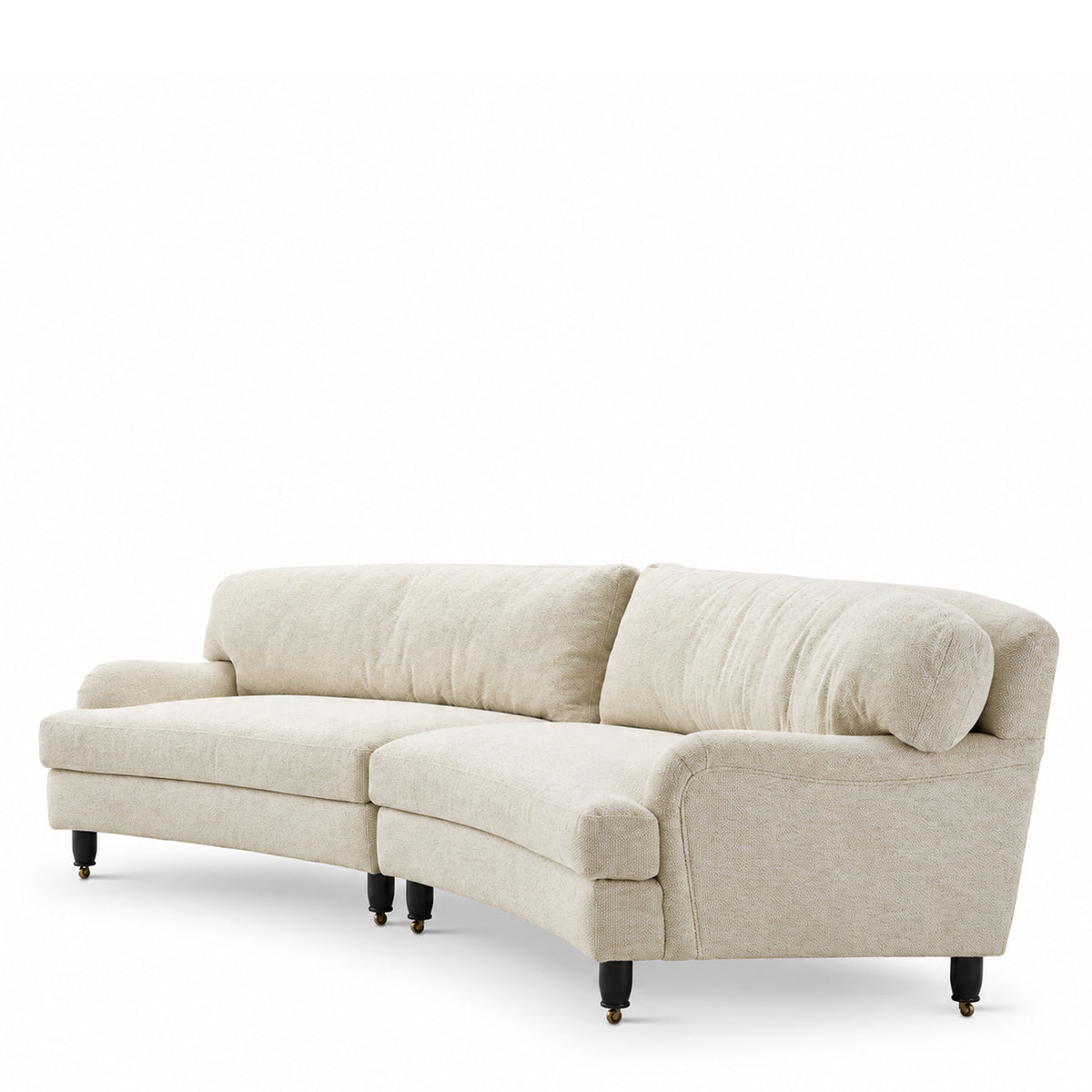 A sweeping Eichholtz Laurentine curved sofa upholstered in Axton off-white fabric with dark turned legs, featured in a high-end living room at Eichholtz Los Angeles.
